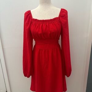 Red Long Puff Sleeve Dress